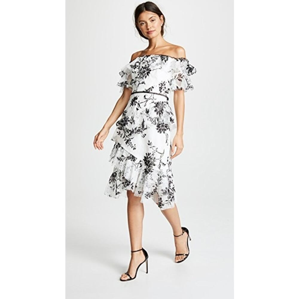 Marchesa Notte Off Shoulder Floral Lace Tiered Dress Size 4
